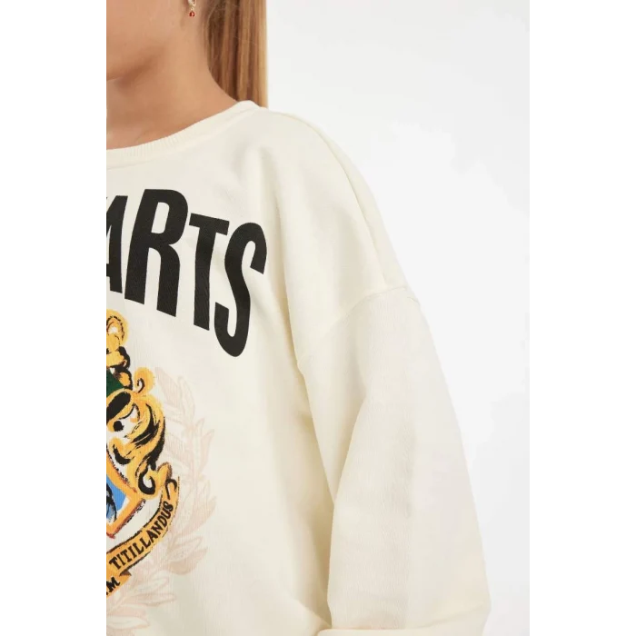 D3861 Ekru Harry Potter Oversize Geniş Kalıp Bisiklet Yaka Sweatshirt