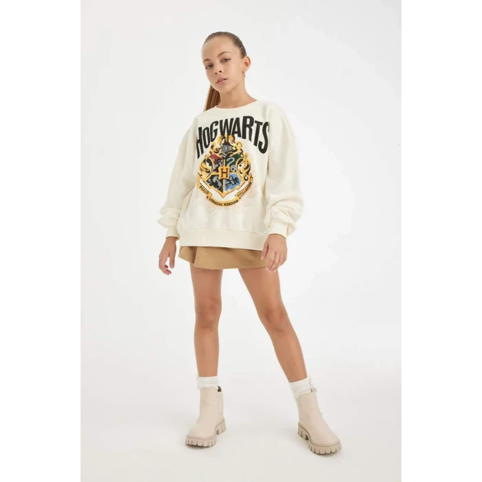 D3861 Ekru Harry Potter Oversize Geniş Kalıp Bisiklet Yaka Sweatshirt