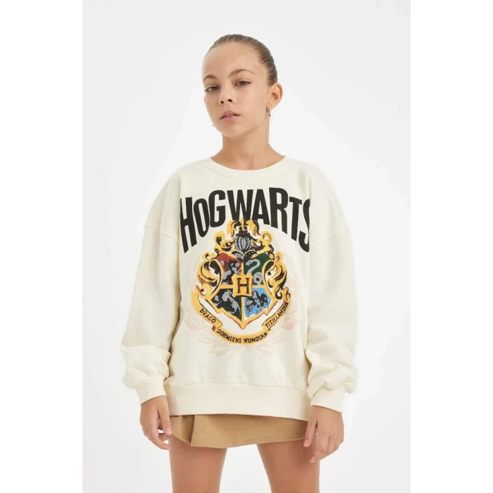 D3861 Ekru Harry Potter Oversize Geniş Kalıp Bisiklet Yaka Sweatshirt