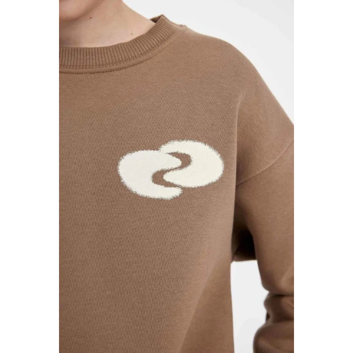 D3968 Oversize Fit Bisiklet Yaka Baskılı Sweatshirt