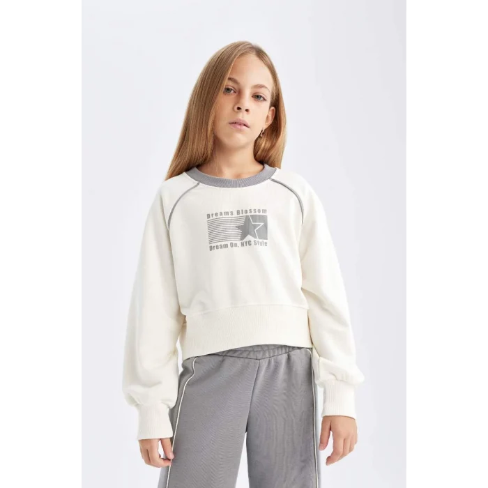 D4052 2li Takım Basic Düz Bisiklet Yaka Sweatshirt Üst Beli Lastikli Geniş Paça Eşofman Altı