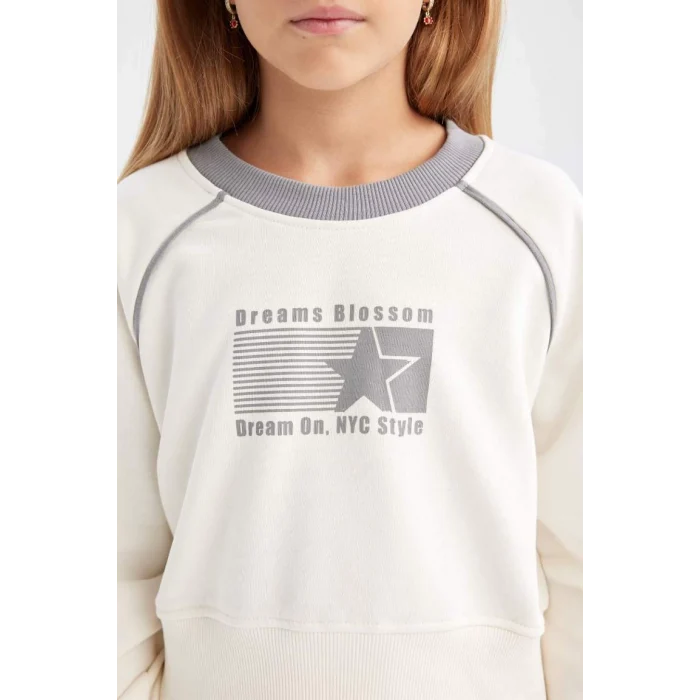 D4052 2li Takım Basic Düz Bisiklet Yaka Sweatshirt Üst Beli Lastikli Geniş Paça Eşofman Altı