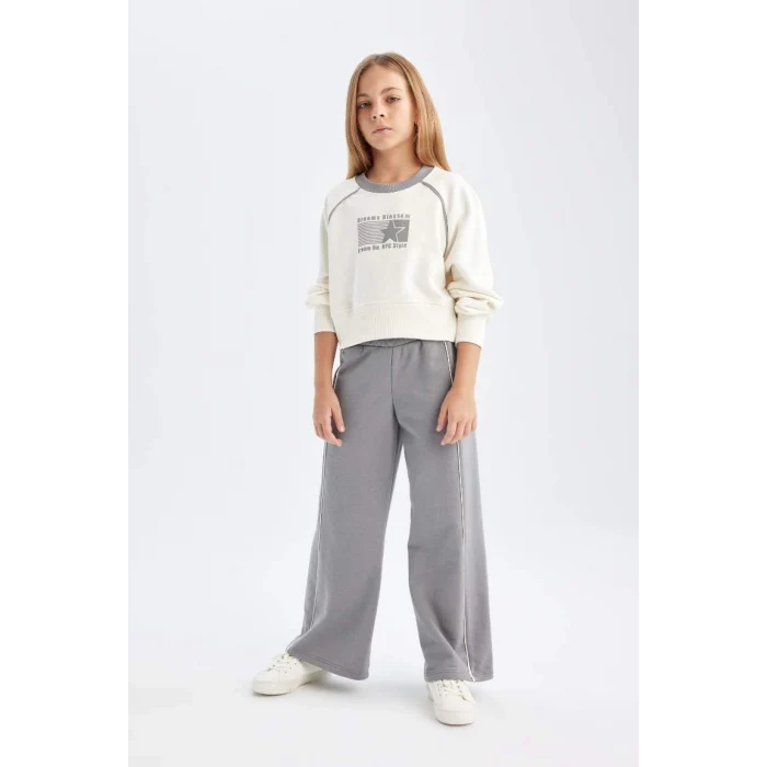 D4052 2li Takım Basic Düz Bisiklet Yaka Sweatshirt Üst Beli Lastikli Geniş Paça Eşofman Altı