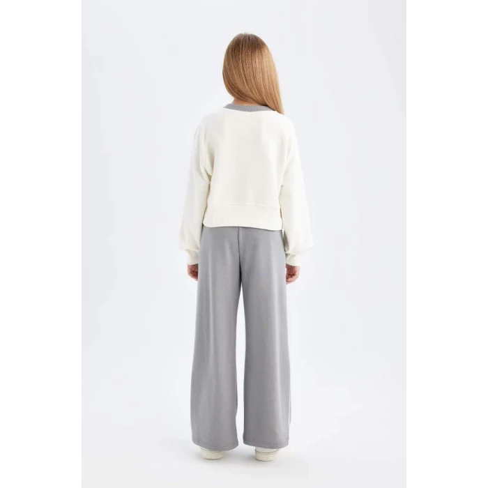 D4052 2li Takım Basic Düz Bisiklet Yaka Sweatshirt Üst Beli Lastikli Geniş Paça Eşofman Altı