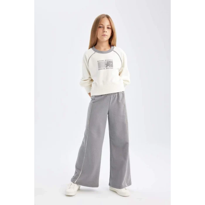 D4052 2li Takım Basic Düz Bisiklet Yaka Sweatshirt Üst Beli Lastikli Geniş Paça Eşofman Altı