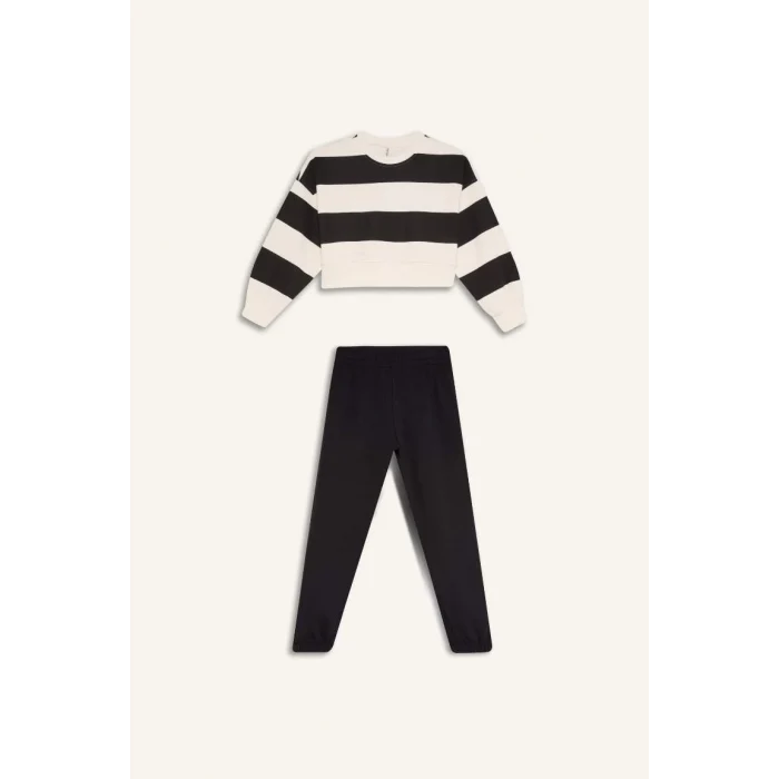 D4091 Çizgili Bisiklet Yaka Sweatshirt Beli Lastikli Jogger Eşofman Altı 2li Takım