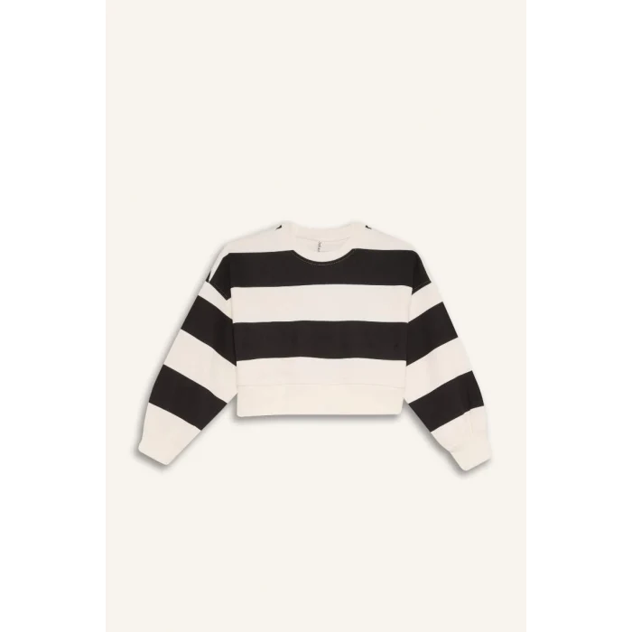 D4091 Çizgili Bisiklet Yaka Sweatshirt Beli Lastikli Jogger Eşofman Altı 2li Takım