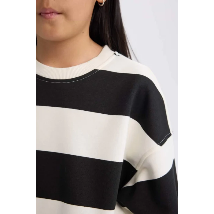 D4091 Çizgili Bisiklet Yaka Sweatshirt Beli Lastikli Jogger Eşofman Altı 2li Takım