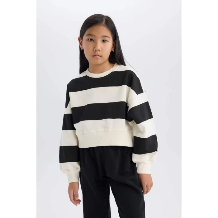 D4091 Çizgili Bisiklet Yaka Sweatshirt Beli Lastikli Jogger Eşofman Altı 2li Takım