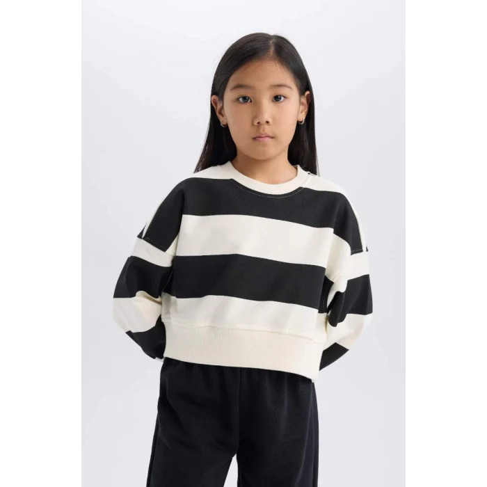 D4091 Çizgili Bisiklet Yaka Sweatshirt Beli Lastikli Jogger Eşofman Altı 2li Takım