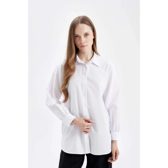D4159 Beyaz Relax Fit Gömlek Yaka Poplin Basic Düz Uzun Kollu Gömlek Tunik