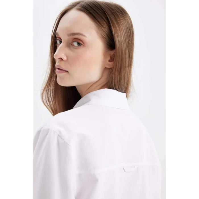 D4159 Beyaz Relax Fit Gömlek Yaka Poplin Basic Düz Uzun Kollu Gömlek Tunik