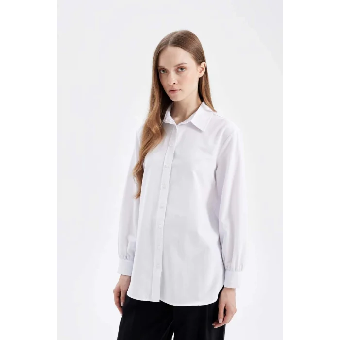 D4159 Beyaz Relax Fit Gömlek Yaka Poplin Basic Düz Uzun Kollu Gömlek Tunik