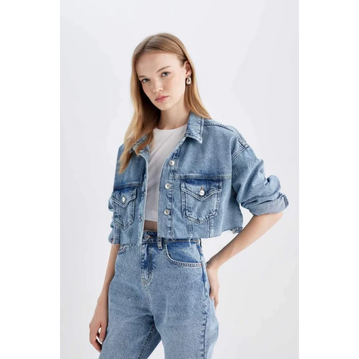 D4196 Crop Düğmeli Jean Ceket