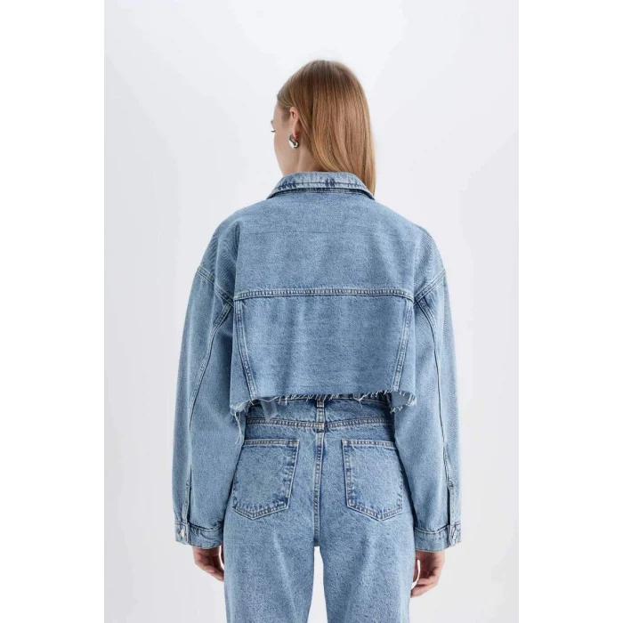 D4196 Crop Düğmeli Jean Ceket