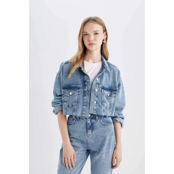 D4196 Crop Düğmeli Jean Ceket