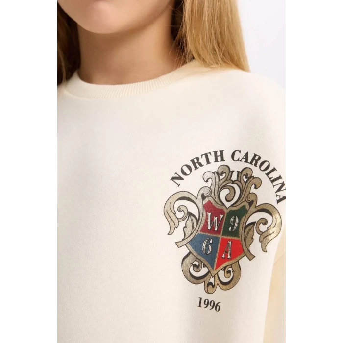 D4272 Relax Fit Bisiklet Yaka Baskılı İçi Yumuşak Tüylü Sweatshirt