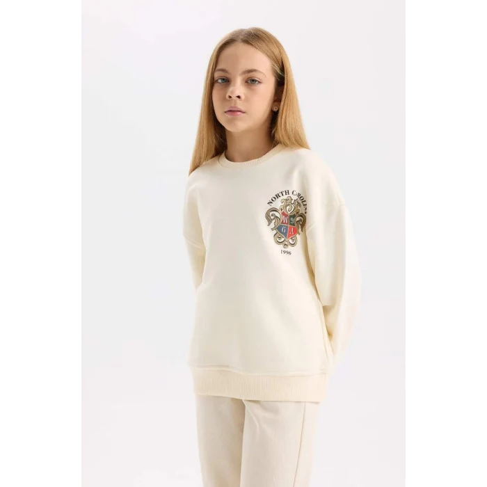 D4272 Relax Fit Bisiklet Yaka Baskılı İçi Yumuşak Tüylü Sweatshirt