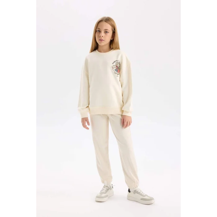 D4272 Relax Fit Bisiklet Yaka Baskılı İçi Yumuşak Tüylü Sweatshirt