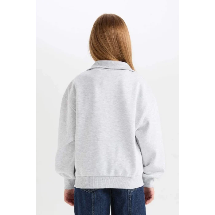 D4273 Yarım Fermuarlı Slogan Baskılı Sweatshirt