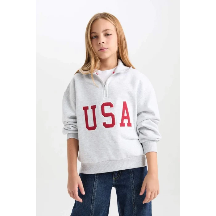 D4273 Yarım Fermuarlı Slogan Baskılı Sweatshirt