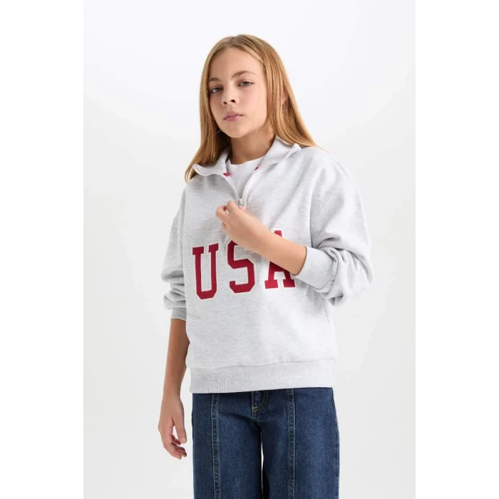 D4273 Yarım Fermuarlı Slogan Baskılı Sweatshirt