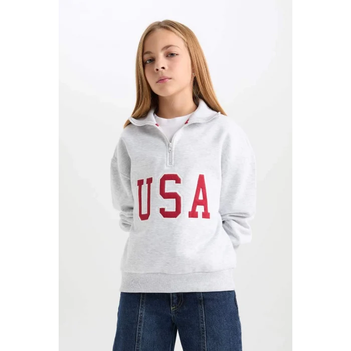 D4273 Yarım Fermuarlı Slogan Baskılı Sweatshirt