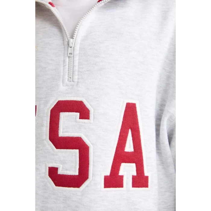 D4273 Yarım Fermuarlı Slogan Baskılı Sweatshirt