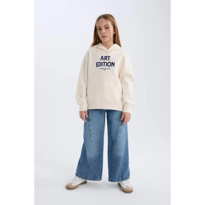 D4296 Oversize Geniş Kalıp Kapüşonlu Baskılı İçi Yumuşak Tüylü Sweatshirt