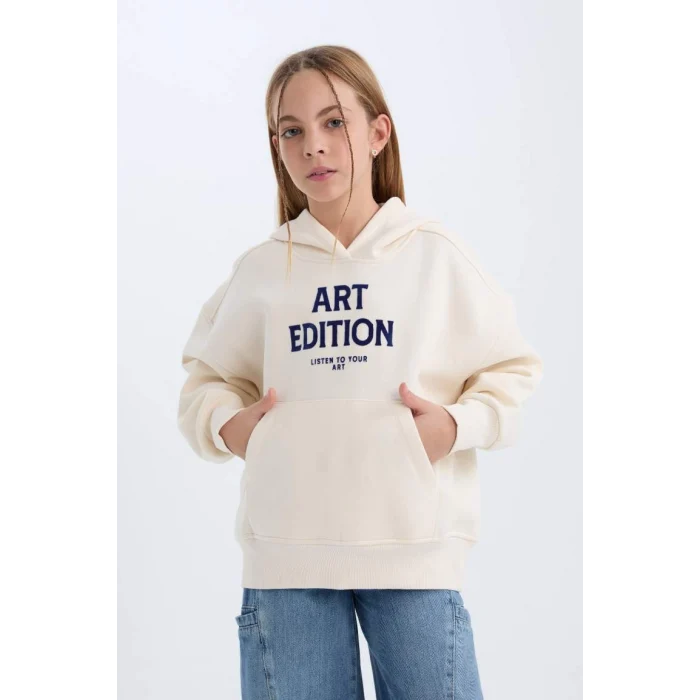 D4296 Oversize Geniş Kalıp Kapüşonlu Baskılı İçi Yumuşak Tüylü Sweatshirt