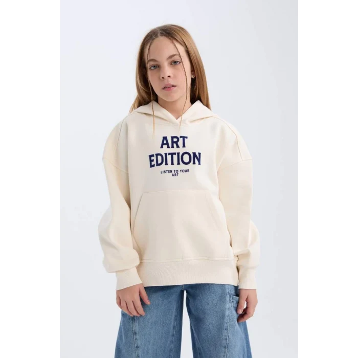 D4296 Oversize Geniş Kalıp Kapüşonlu Baskılı İçi Yumuşak Tüylü Sweatshirt