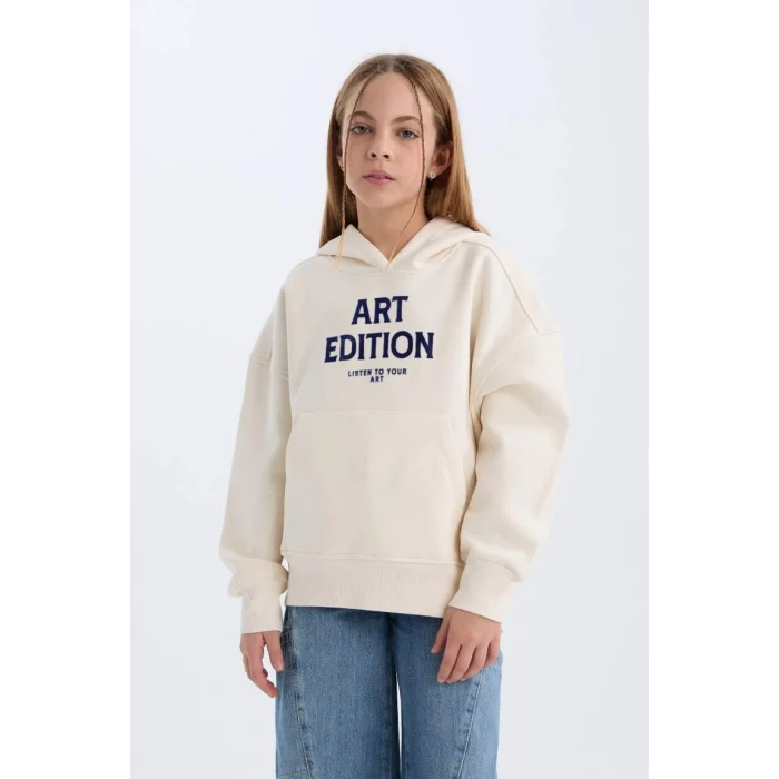 D4296 Oversize Geniş Kalıp Kapüşonlu Baskılı İçi Yumuşak Tüylü Sweatshirt