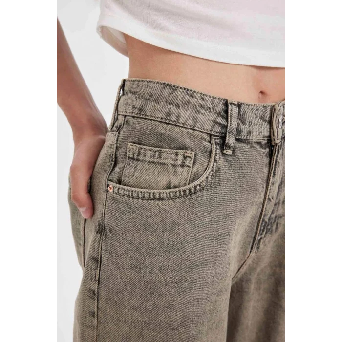 D4311 Straight Wide Yüksek Bel Uzun Jean Yıkamalı Pantolon