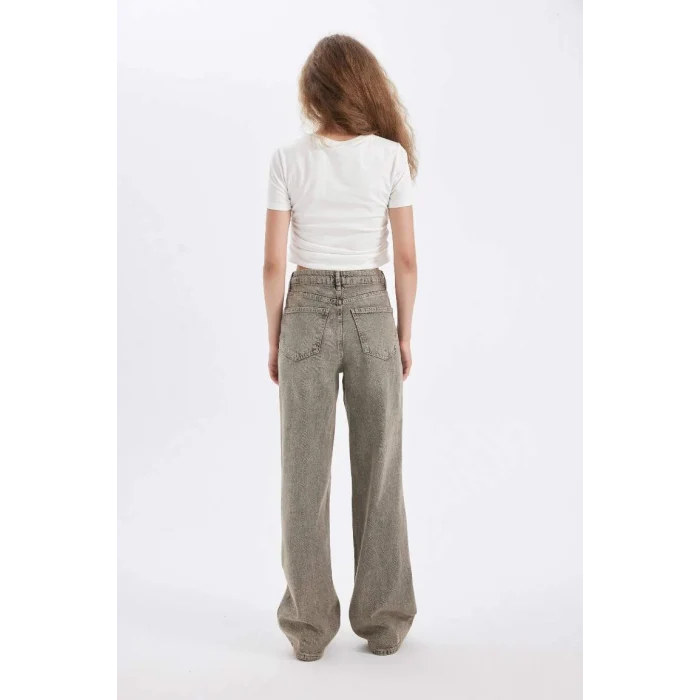 D4311 Straight Wide Yüksek Bel Uzun Jean Yıkamalı Pantolon