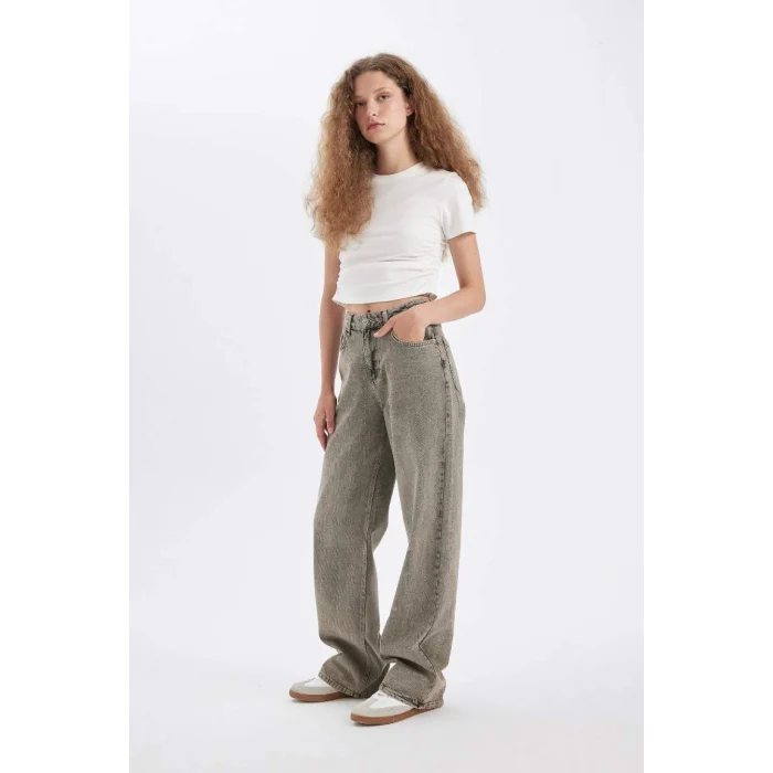 D4311 Straight Wide Yüksek Bel Uzun Jean Yıkamalı Pantolon