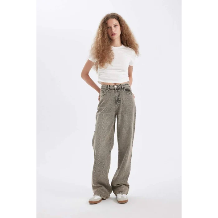D4311 Straight Wide Yüksek Bel Uzun Jean Yıkamalı Pantolon