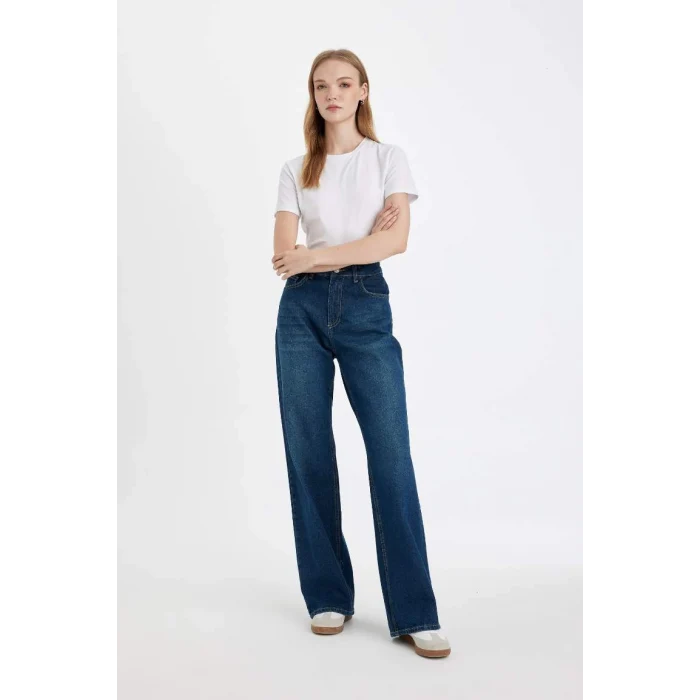 D4312 Straight Yüksek Bel Jean Yıkamalı Pantolon