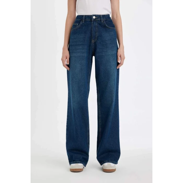 D4312 Straight Yüksek Bel Jean Yıkamalı Pantolon