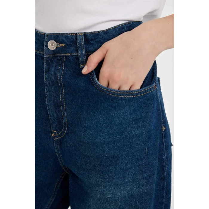 D4312 Straight Yüksek Bel Jean Yıkamalı Pantolon