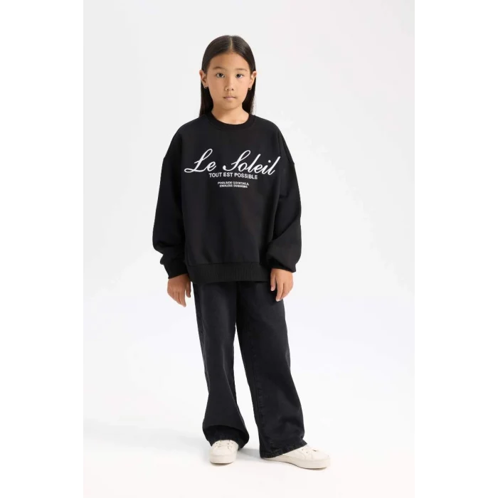 D4381 Oversize Fit Geniş Kalıp Bisiklet Yaka Baskılı Sweatshirt