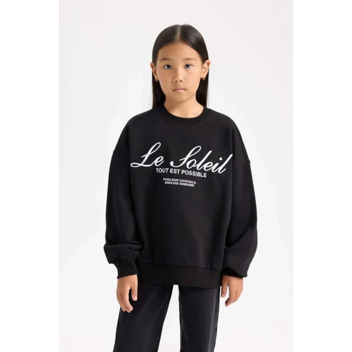 D4381 Oversize Fit Geniş Kalıp Bisiklet Yaka Baskılı Sweatshirt