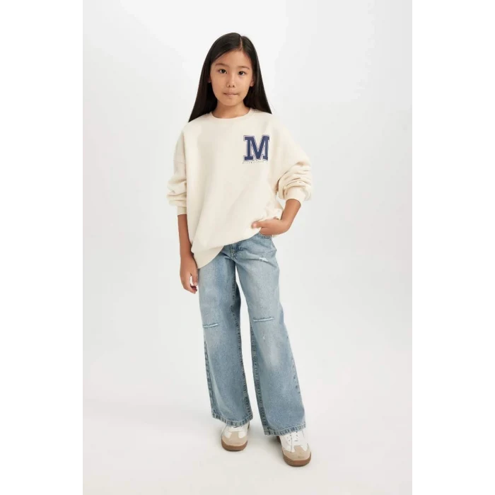 D4383 Oversize Geniş Kalıp Bisiklet Yaka Baskılı Sweatshirt