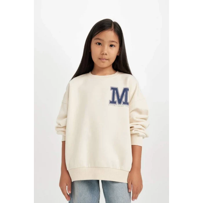 D4383 Oversize Geniş Kalıp Bisiklet Yaka Baskılı Sweatshirt