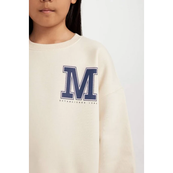 D4383 Oversize Geniş Kalıp Bisiklet Yaka Baskılı Sweatshirt