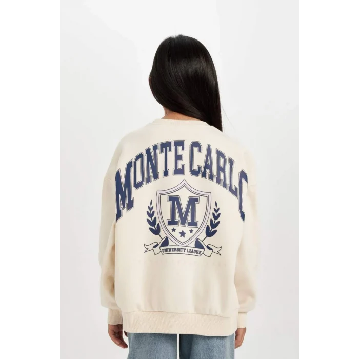 D4383 Oversize Geniş Kalıp Bisiklet Yaka Baskılı Sweatshirt