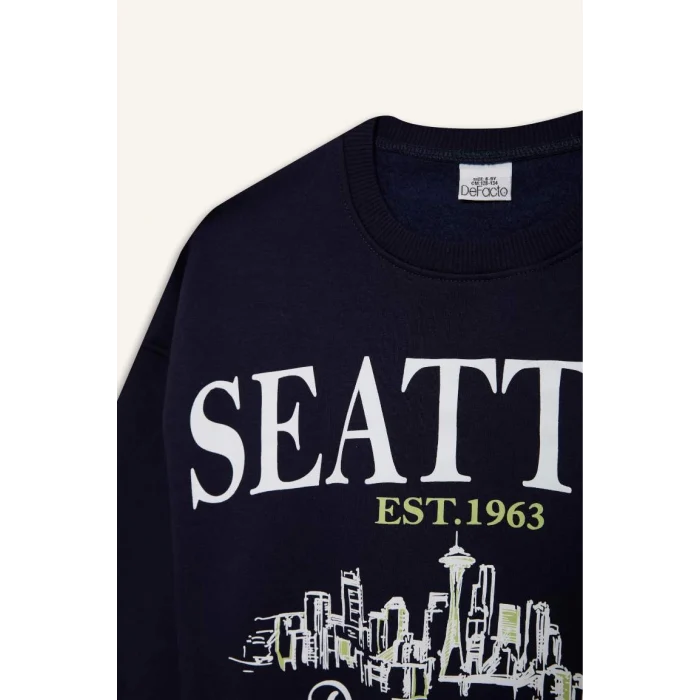 D4384 Relax Fit Bisiklet Yaka Baskılı Sweatshirt