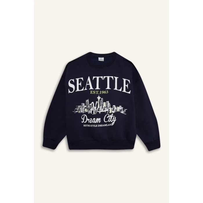 D4384 Relax Fit Bisiklet Yaka Baskılı Sweatshirt