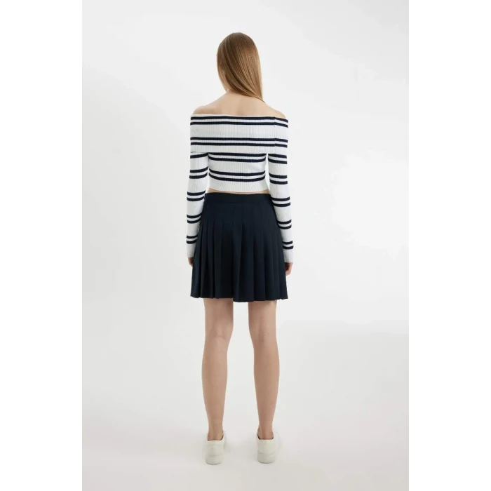 D4492 Coool Pilise Yüksek Bel Basic Düz Gizli Fermuarlı Lacivert Mini Etek