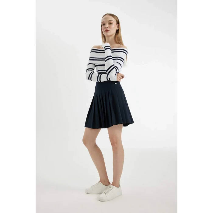 D4492 Coool Pilise Yüksek Bel Basic Düz Gizli Fermuarlı Lacivert Mini Etek