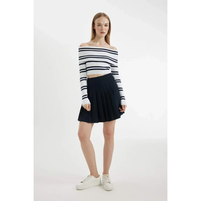 D4492 Coool Pilise Yüksek Bel Basic Düz Gizli Fermuarlı Lacivert Mini Etek